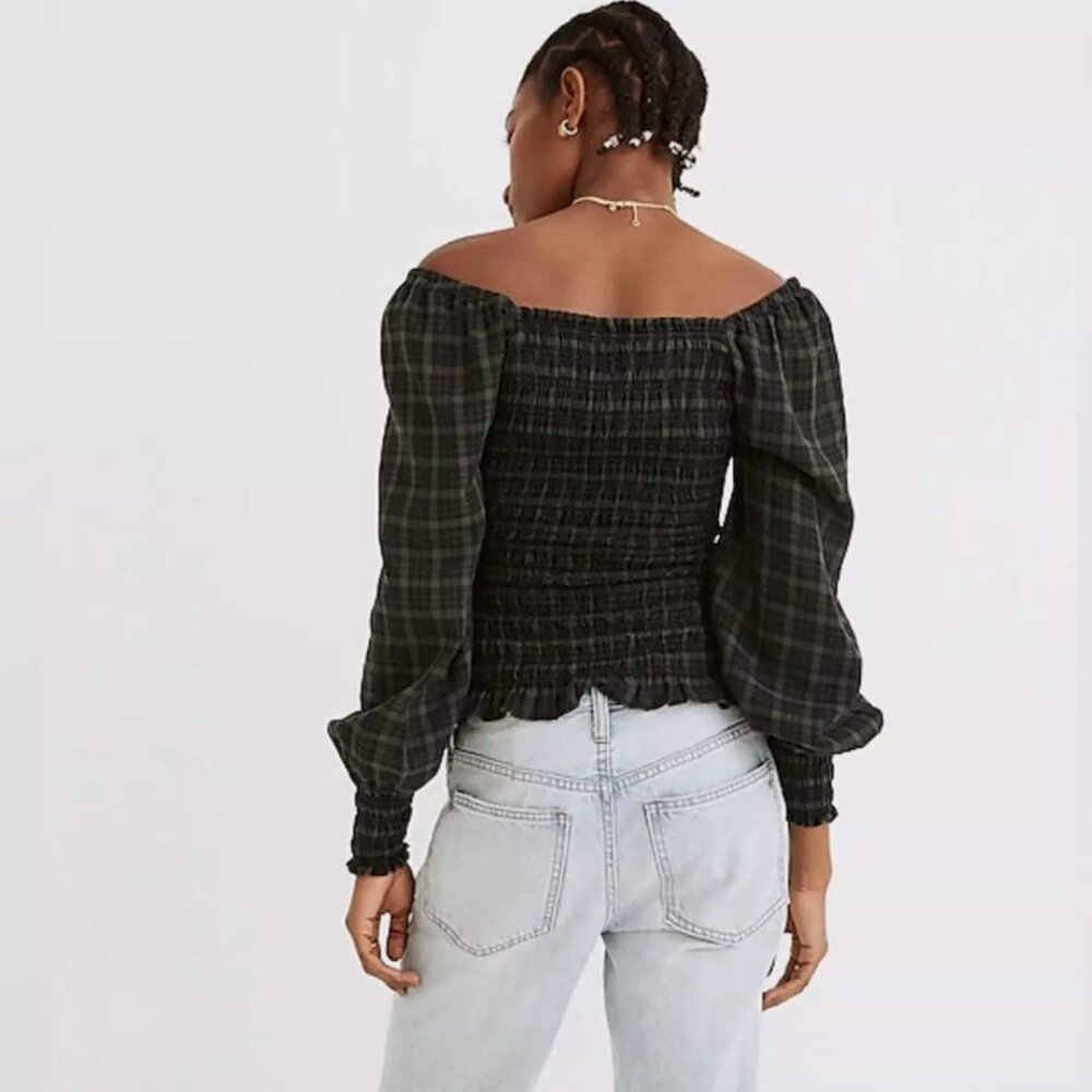 Madewell Tops | Madewell Smocked Plaid Top Navy And Green Size L